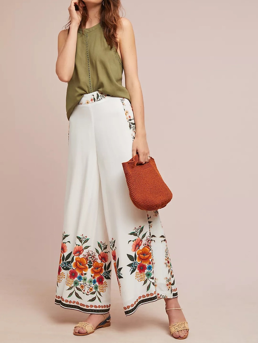 Farm Rio Melila Floral Flared Pants Wide Leg Ivory Multicolor Size Small - Picture 1 of 12